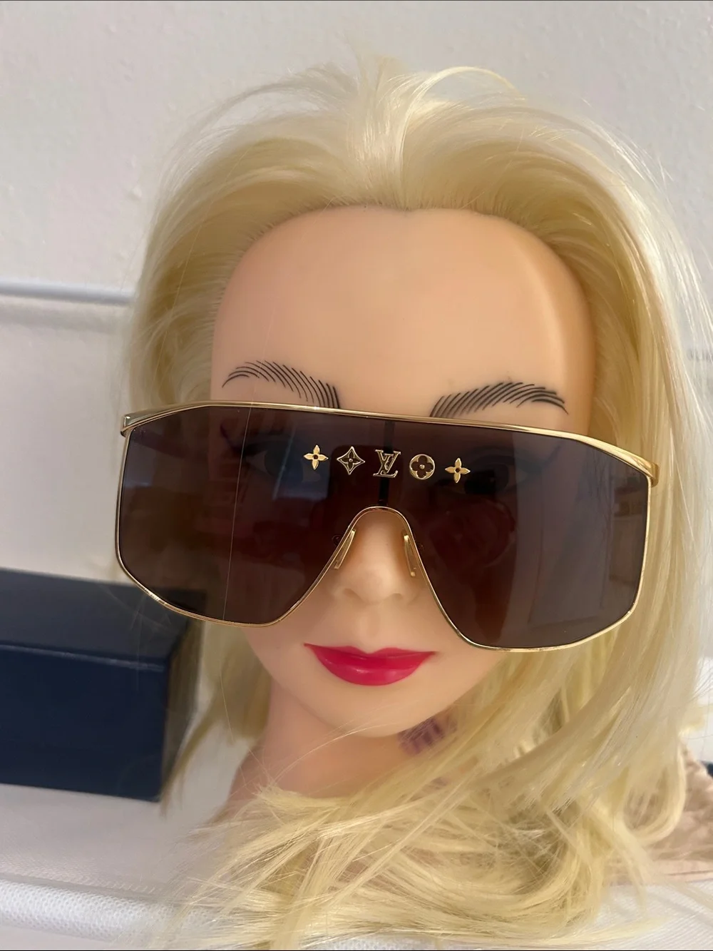 Louis Vuitton Men’s Gold Frame Brown Shield Sunglasses with LV Brow Motif